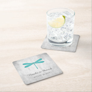 Teal Dragonfly Wedding Paper Coasters