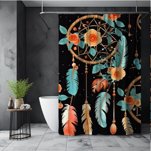 Teal Dreamcatcher Boho Dark Floral Shower Curtain