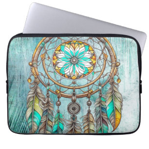 Teal Dreamcatcher Mystical Boho Feathers and Beads Laptop Sleeve