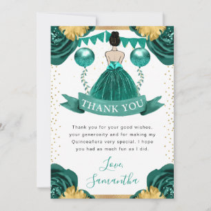Teal Dress Brunette Haired Princess Quinceanera Thank You Card