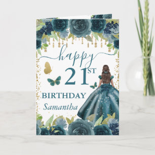 Teal Dress Dark Skin Princess Birthday Card