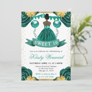 Teal Dress Dark Skin Princess Sweet 16 Invitation