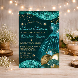 Teal Dress & Gold Glitter Balloons Sweet 16 Invitation