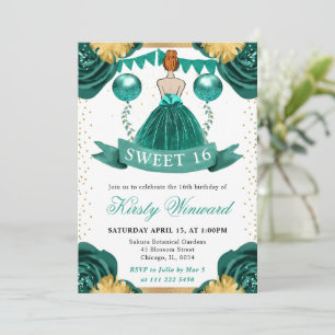 Teal Dress Red Haired Princess Sweet 16 Invitation