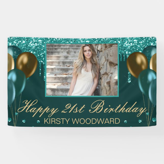 Teal Dripping Glitter with Gold Balloons Birthday Banner (Horizontal)