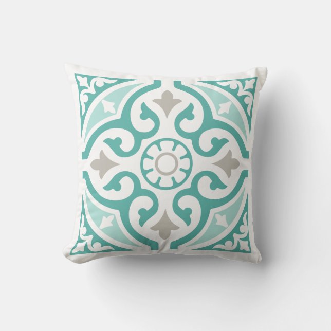 Teal Duck Egg Blue and White Moroccan Tile Cushion (Front)