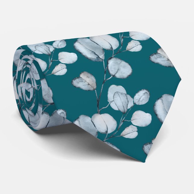 Teal Dusty Blue Eucalyptus Wedding Tie (Rolled)