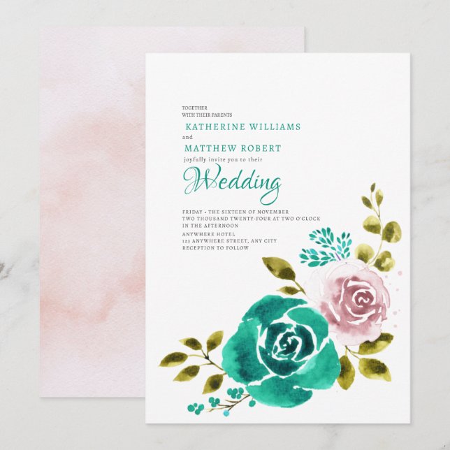 Teal Dusty Rose Blush Floral Wedding  Invitation (Front/Back)