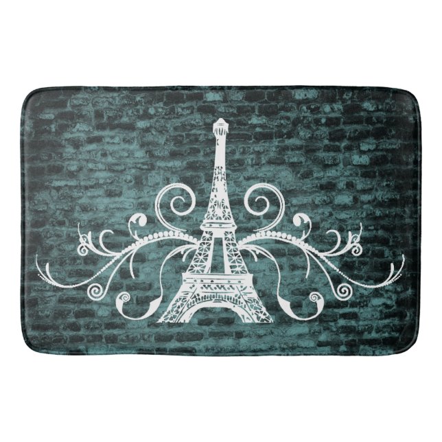 Teal Eiffel Towel Grunge Bath Mat (Front)