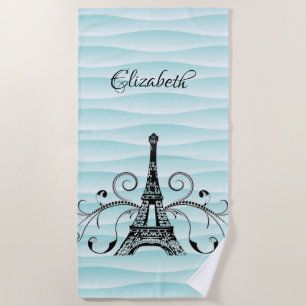 Teal Eiffel Tower Flourish Beach Towel
