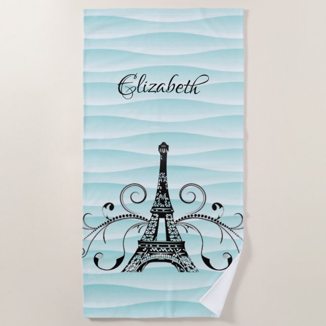 Teal Eiffel Tower Flourish Beach Towel (Front)