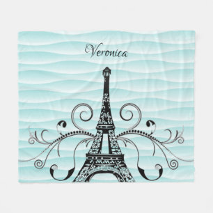 Teal Eiffel Tower Flourish Fleece Blanket