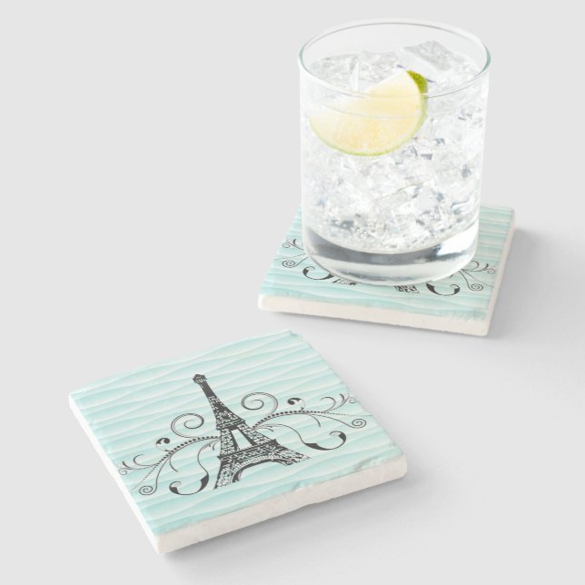 Teal Eiffel Tower Flourish Stone Coaster (Side)