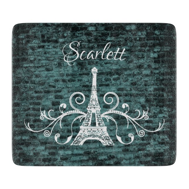 Teal Eiffel Tower Grunge Cutting Board (Front)