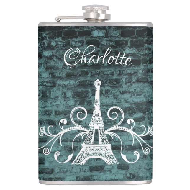 Teal Eiffel Tower Grunge Flask (Front)