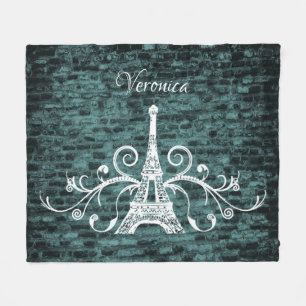 Teal Eiffel Tower Grunge Fleece Blanket