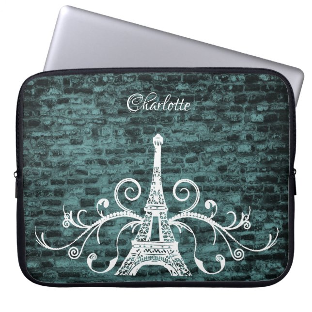 Teal Eiffel Tower Grunge Laptop Sleeve (Front)