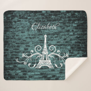 Teal Eiffel Tower Grunge Sherpa Blanket