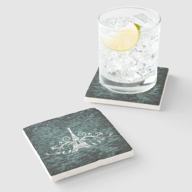 Teal Eiffel Tower Grunge Stone Coaster (Side)