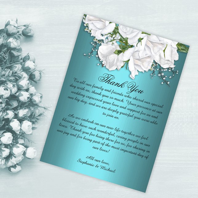 Teal Elegance Botanical Roses Wedding  Thank You Card (Creator Uploaded)