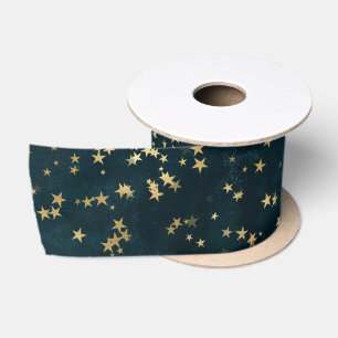 Teal Elegant Celestial Starry Gold Stars Design Satin Ribbon