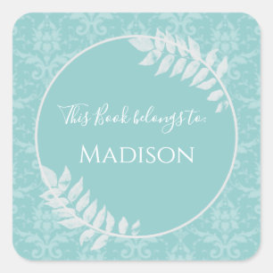 Teal Elegant Damask Book Sticker