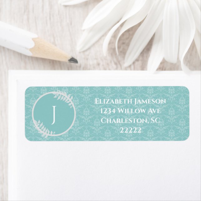 Teal Elegant Damask Label Return Address Label (Insitu)