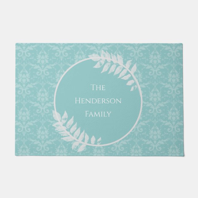 Teal Elegant Damask Personalised Doormat (Front)
