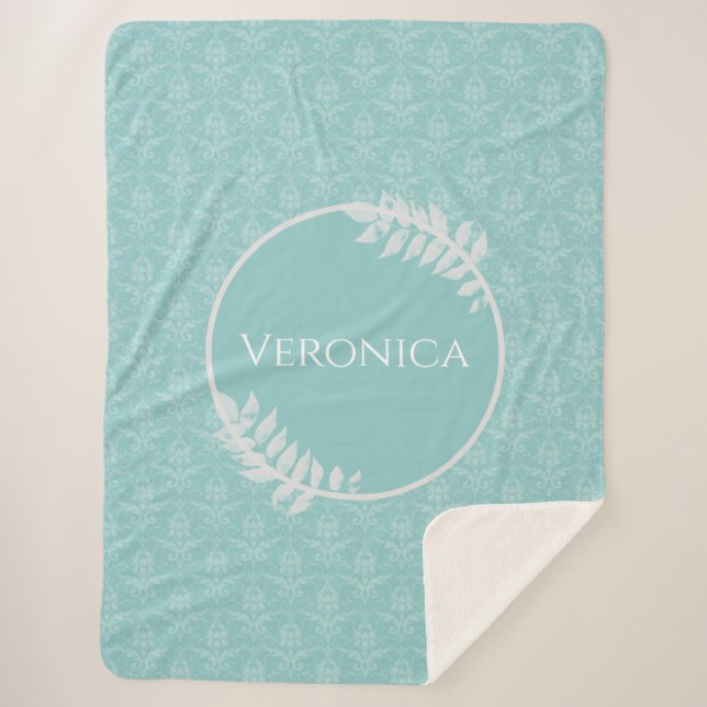 Teal Elegant Damask Personalised Sherpa Blanket (Front)