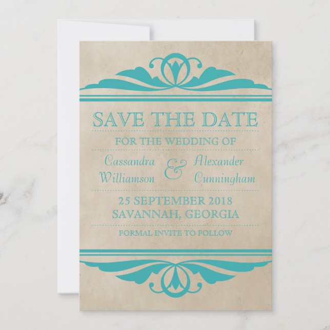 Teal Elegant Deco Save the Date Invite (Front)