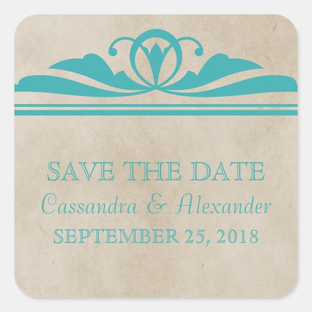 Teal Elegant Deco Save the Date Stickers (Front)