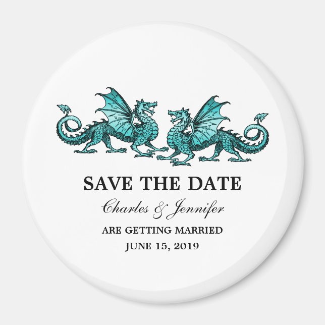 Teal Elegant Dragons Save the Date Magnet (Front)
