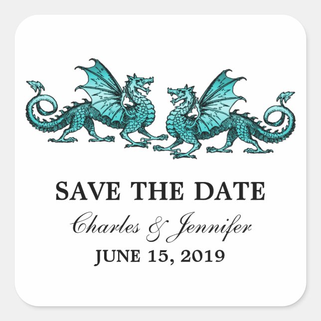 Teal Elegant Dragons Save the Date Stickers (Front)