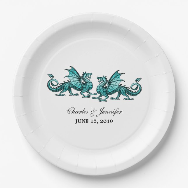 Teal Elegant Dragons Wedding Paper Plates (Front)
