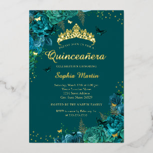 Teal Elegant Floral Butterfly Quinceanera