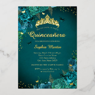 Teal Elegant Floral Vibrant Butterfly Quinceanera