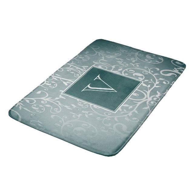 Teal Elegant Flourish Monogram Bath Mat (Angled)