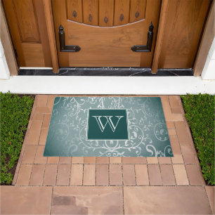 Teal Elegant Flourish Monogram Doormat