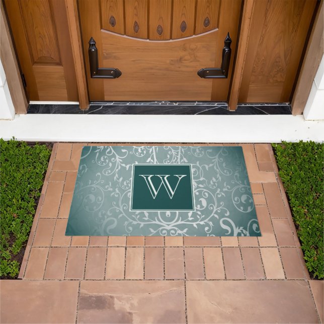 Teal Elegant Flourish Monogram Doormat (Outdoor)