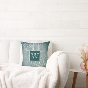 Teal Elegant Flourish Monogram Throw Pillow