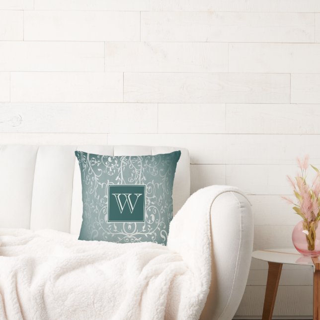 Teal Elegant Flourish Monogram Throw Pillow (Couch)