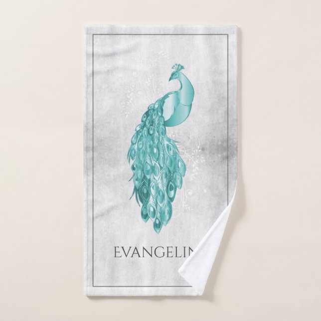 Teal Elegant Peacock Bath Towel Set (Hand Towel)