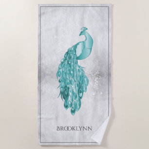 Teal Elegant Peacock Beach Towel