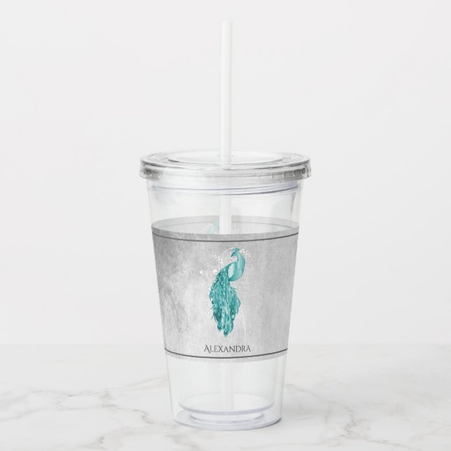Teal Elegant Peacock Personalised Acrylic Tumbler (Front)