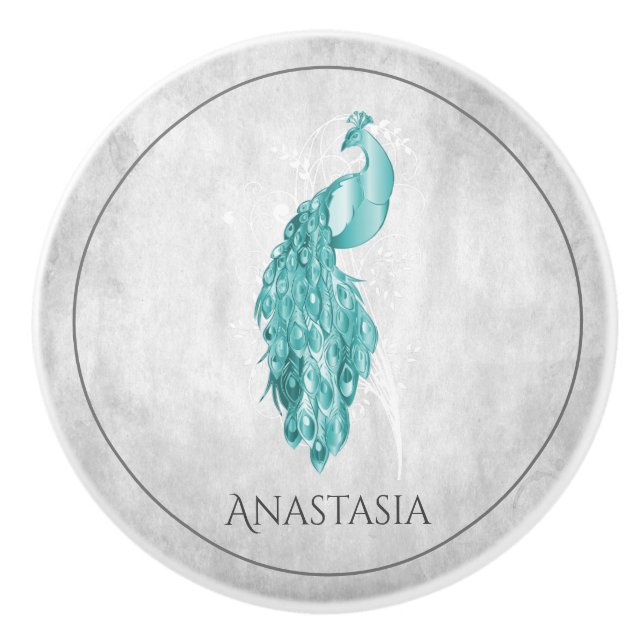 Teal Elegant Peacock Personalised Ceramic Knob (Front)