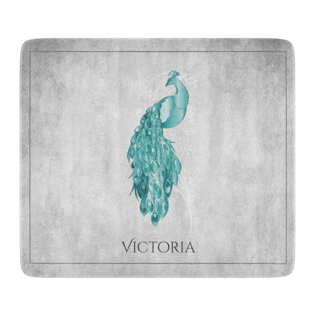 Teal Elegant Peacock Personalised Cutting Board (Front)