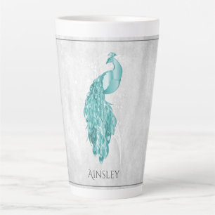 Teal Elegant Peacock Personalised Latte Mug