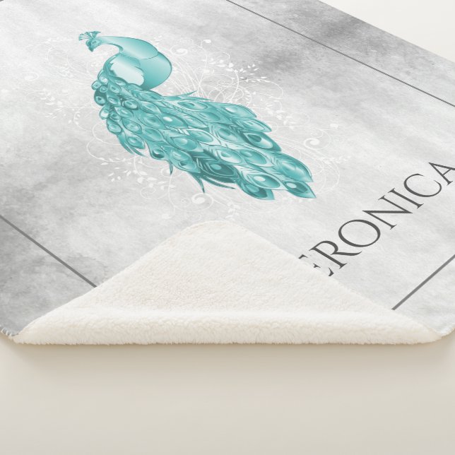 Teal Elegant Peacock Personalised Sherpa Blanket (3/4)