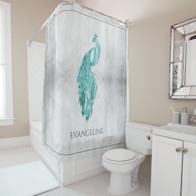Teal Elegant Peacock Shower Curtain (In Situ)