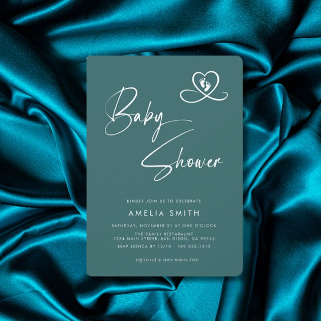 Teal Elegant Script Baby Shower Heart Footprints Invitation (Creator Uploaded)